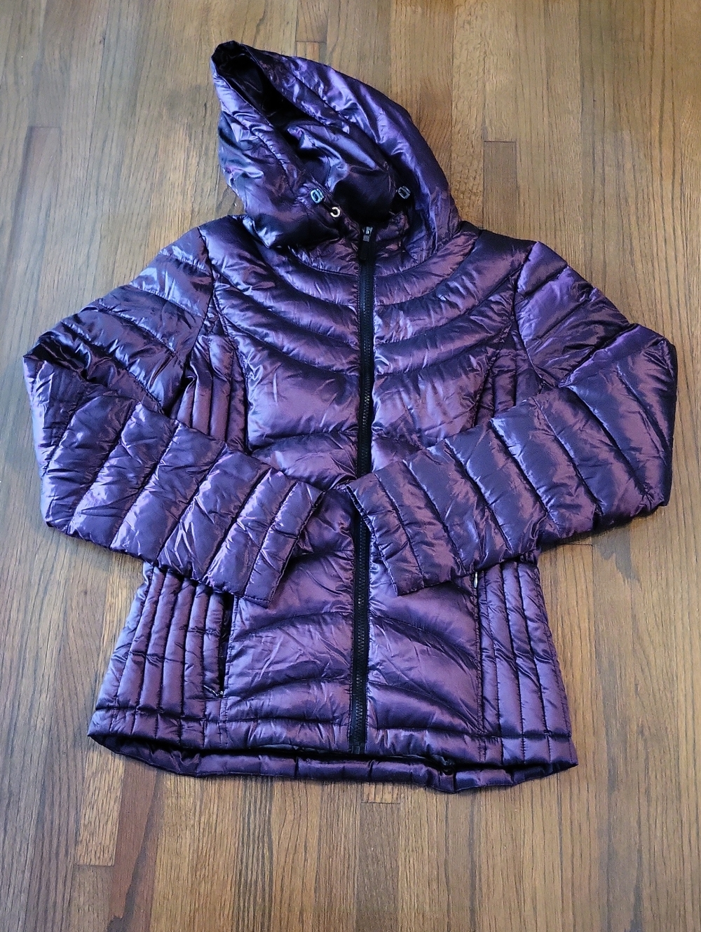 Andrew Marc Shiny Hooded Puffer Jacket in Deep Purple